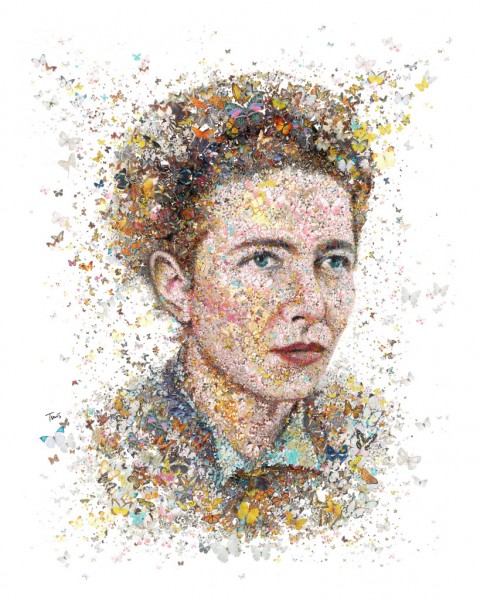 Mosaic portrait of Simone De Beauvoir made out of butterflies. Created for Womankind magazine in Australia.
